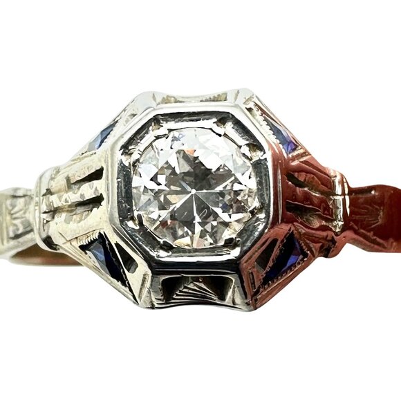 Art Deco Antique 18K White Gold Ring Diamond Blue Sapphire Art Deco 1920 Size 10